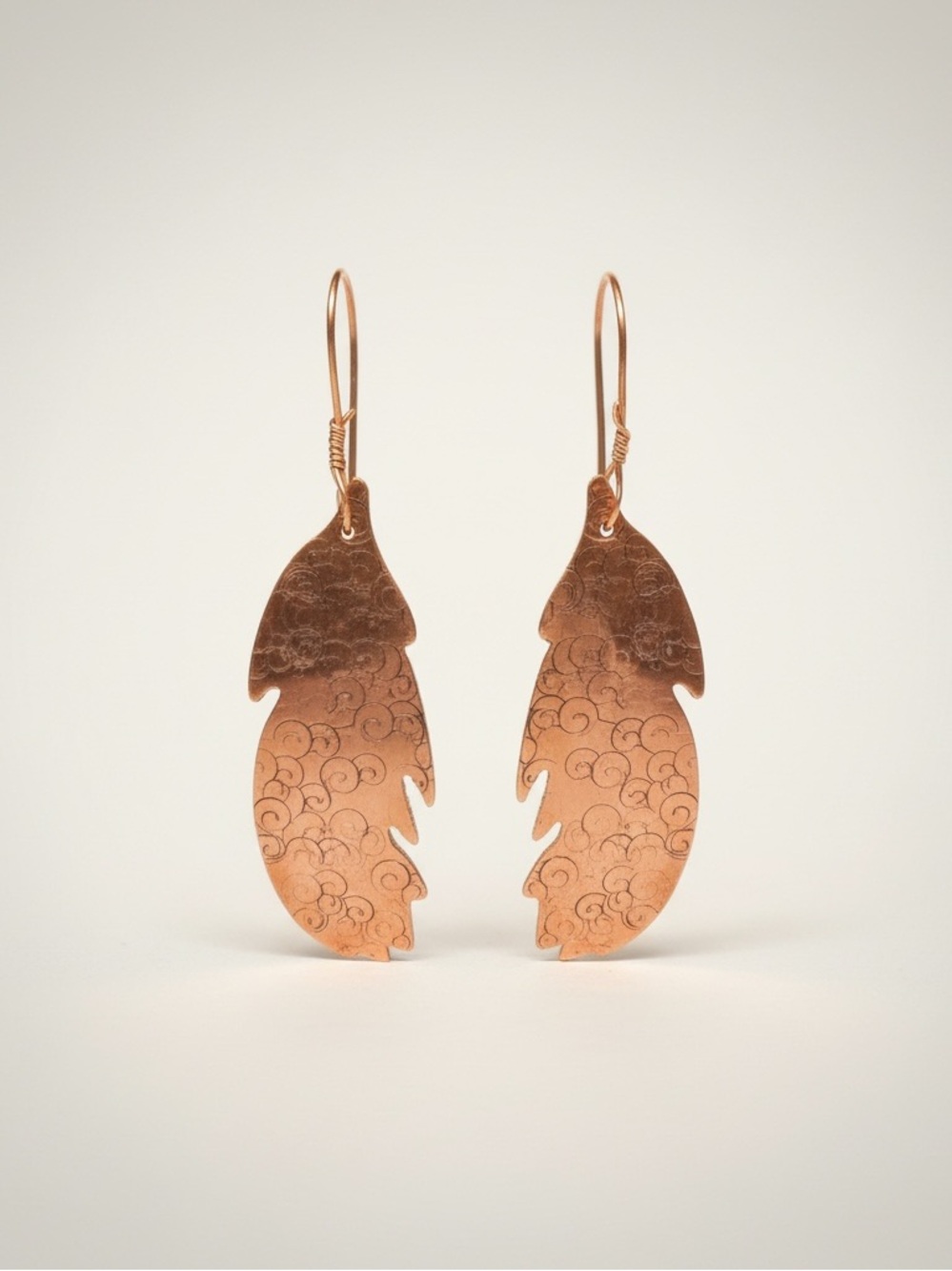 Handmade stamped boho festival brown copper feather‎ hook earrings